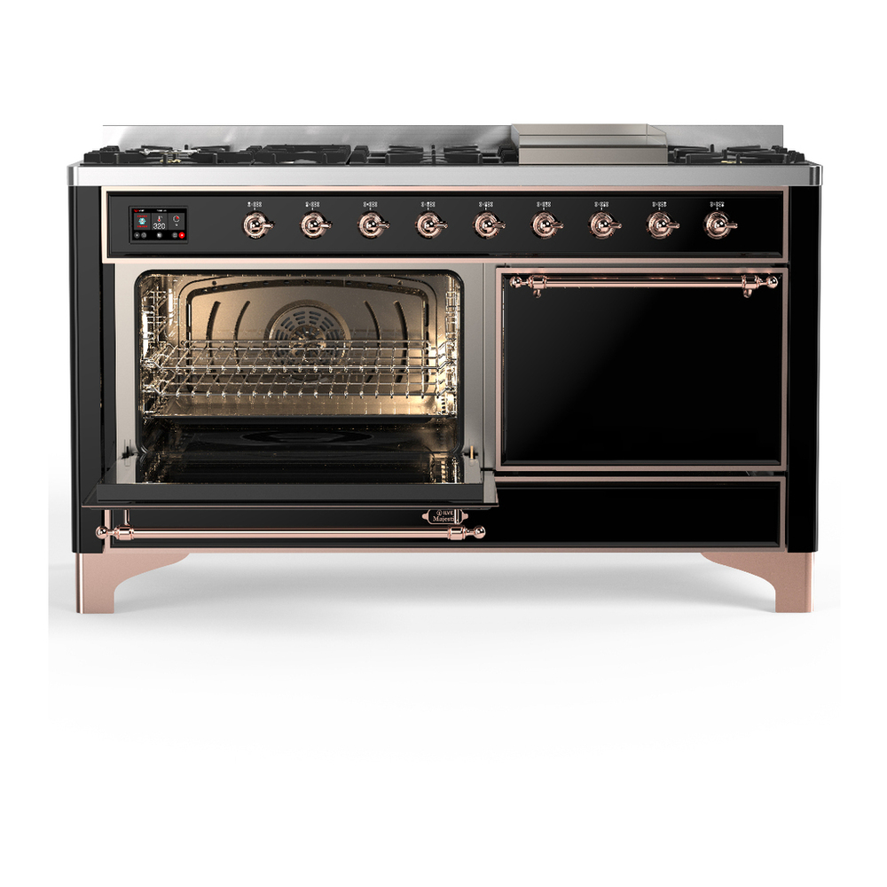 ILVE UM60FQNR3BKPLP Majestic III 60 inch Dual Fuel Range with 9 Burners and Griddle, Dual Function Burner up to 25,000 BTU (Liquid Propane, Solid Door, Glossy Black, Copper) 3 ILVE-UM60FQNR3BKPLP-Primary Oven Open View