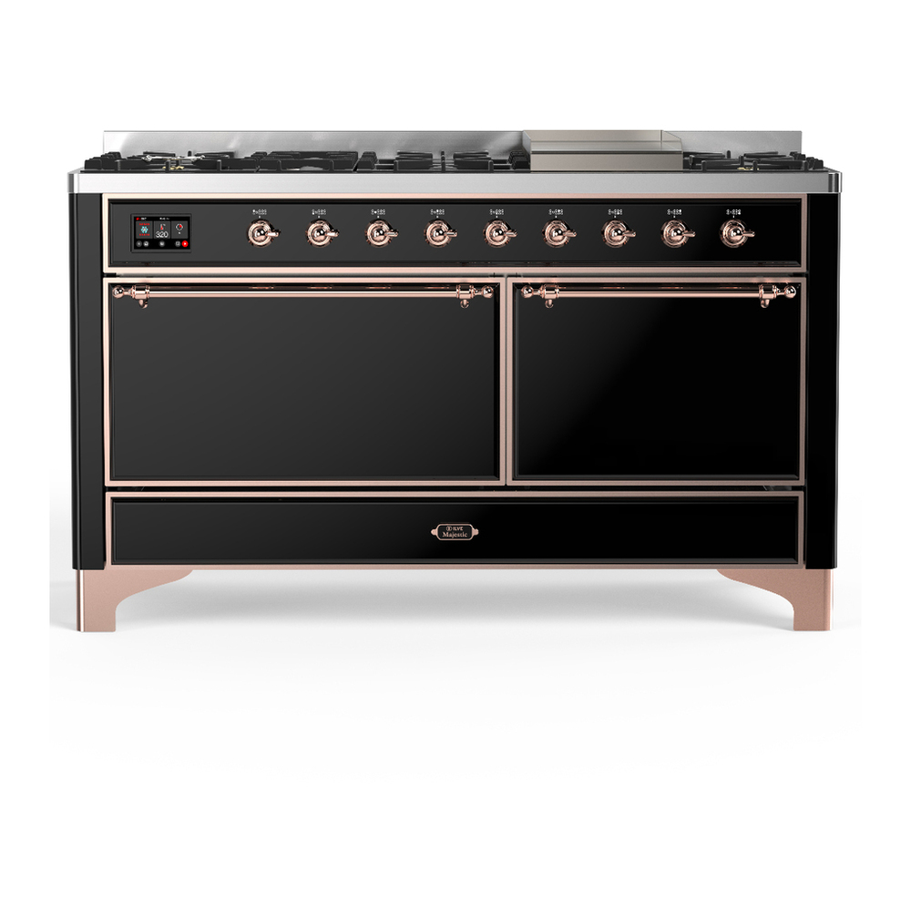 ILVE UM60FQNR3BKP Majestic III 60 inch Dual Fuel Range with 9 Burners and Griddle, Dual Function Burner up to 25,000 BTU (Natural Gas, Solid Door, Glossy Black, Copper) 1 UM60FQNR3BKP
