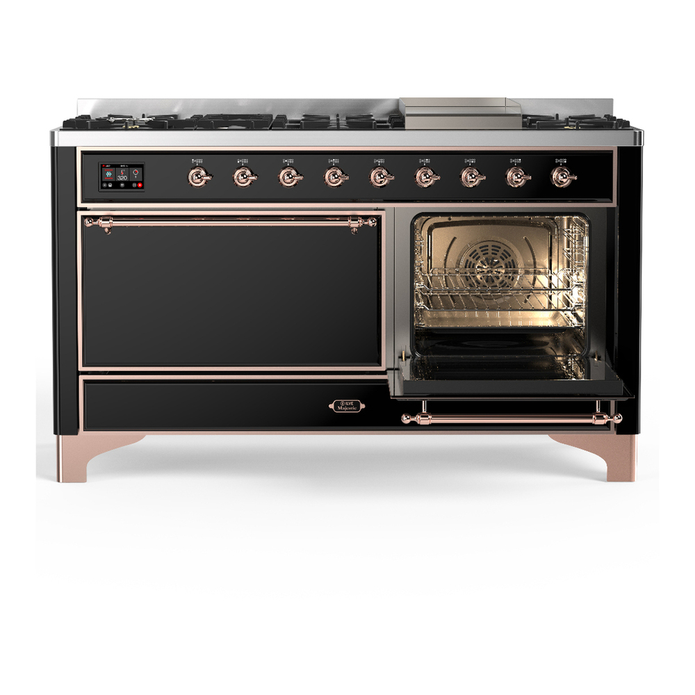 ILVE UM60FQNR3BKP Majestic III 60 inch Dual Fuel Range with 9 Burners and Griddle, Dual Function Burner up to 25,000 BTU (Natural Gas, Solid Door, Glossy Black, Copper) 4 ILVE-UM60FQNR3BKP-Secondary Oven Open View