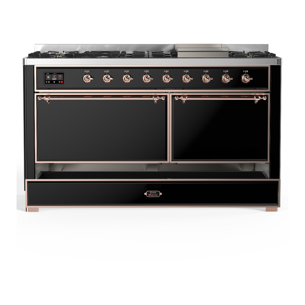 ILVE UM60FQNR3BKP Majestic III 60 inch Dual Fuel Range with 9 Burners and Griddle, Dual Function Burner up to 25,000 BTU (Natural Gas, Solid Door, Glossy Black, Copper) 5 ILVE-UM60FQNR3BKP-Drawer Open View