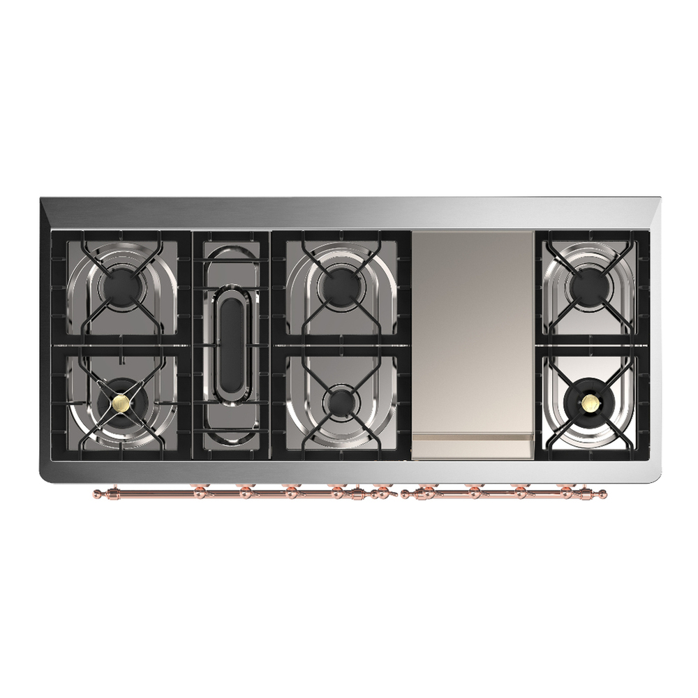 ILVE UM60FQNR3BKP Majestic III 60 inch Dual Fuel Range with 9 Burners and Griddle, Dual Function Burner up to 25,000 BTU (Natural Gas, Solid Door, Glossy Black, Copper) 6 ILVE-UM60FQNR3BKP-Top View
