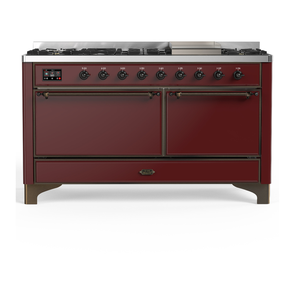 ILVE UM60FQNR3BUBLP Majestic III 60 inch Dual Fuel Range with 9 Burners and Griddle, Dual Function Burner up to 25,000 BTU (Liquid Propane, Solid Door, Burgundy, Burnished) 1 UM60FQNR3BUBLP