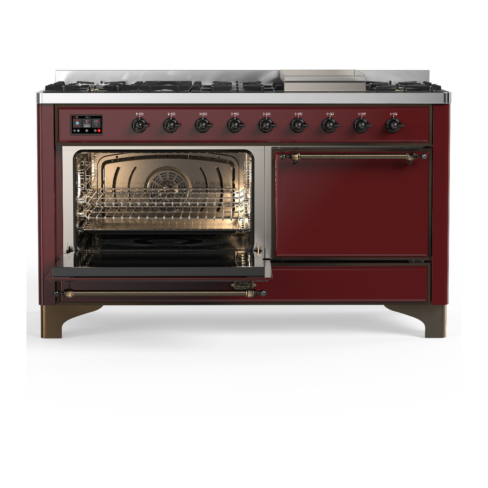 ILVE UM60FQNR3BUBLP Majestic III 60 inch Dual Fuel Range with 9 Burners and Griddle, Dual Function Burner up to 25,000 BTU (Liquid Propane, Solid Door, Burgundy, Burnished) 3 ILVE-UM60FQNR3BUBLP-Primary Oven Open View