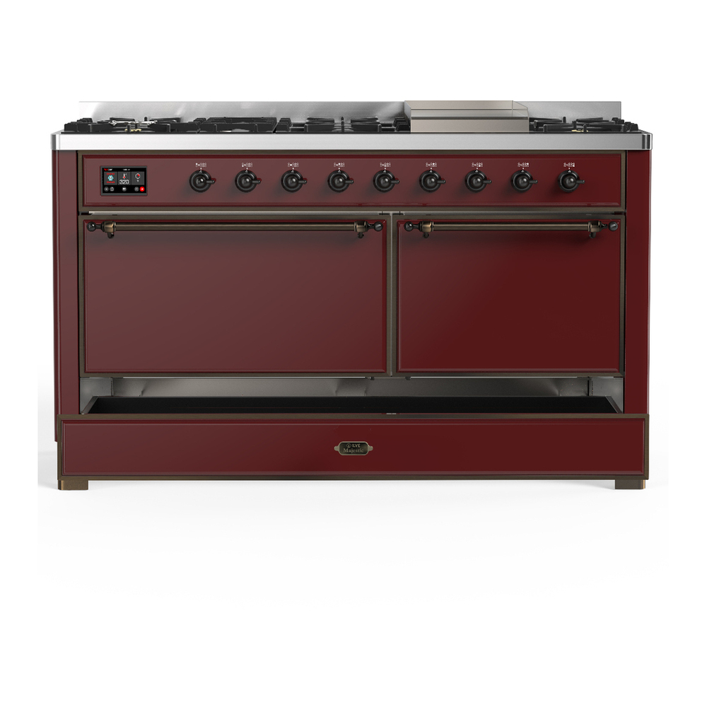 ILVE UM60FQNR3BUBLP Majestic III 60 inch Dual Fuel Range with 9 Burners and Griddle, Dual Function Burner up to 25,000 BTU (Liquid Propane, Solid Door, Burgundy, Burnished) 5 ILVE-UM60FQNR3BUBLP-Drawer Open View