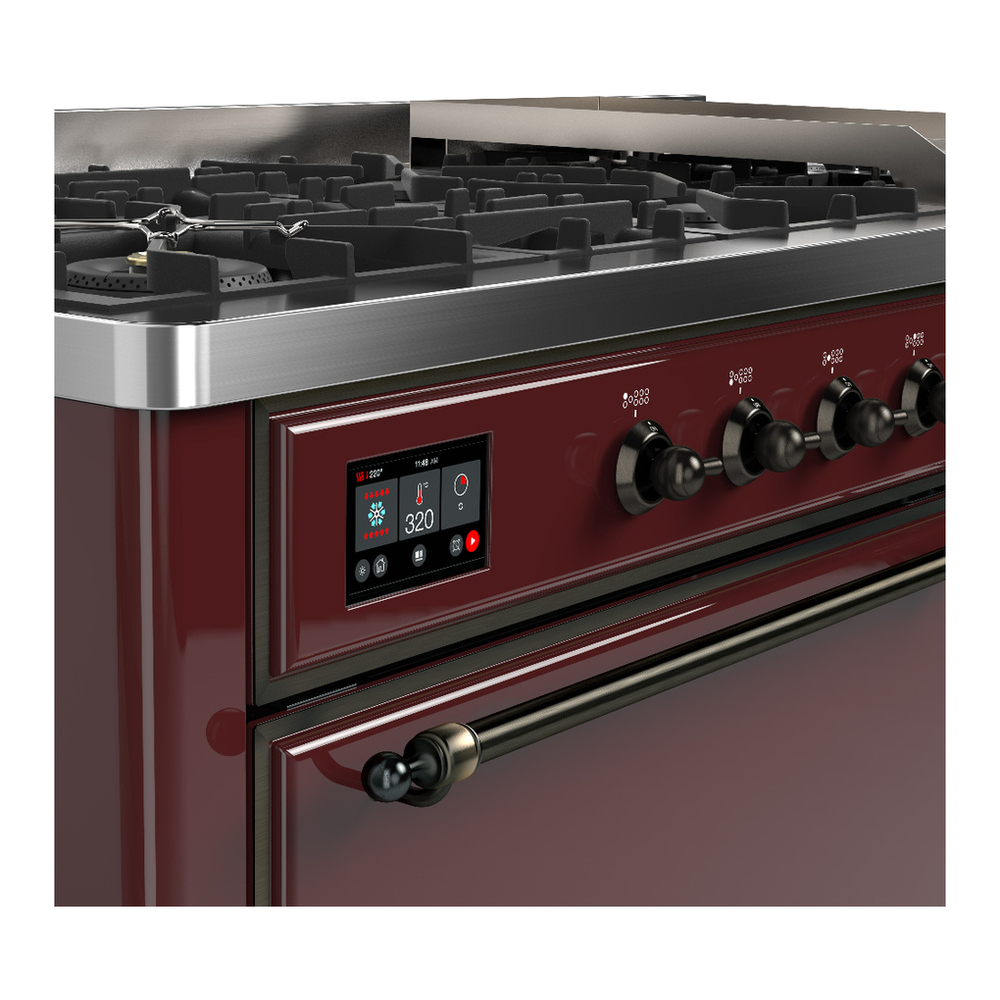 ILVE UM60FQNR3BUB Majestic III 60 inch Dual Fuel Range with 9 Burners and Griddle, Dual Function Burner up to 25,000 BTU (Natural Gas, Solid Door, Burgundy, Burnished) 7 ILVE-UM60FQNR3BUB-Control Knobs View
