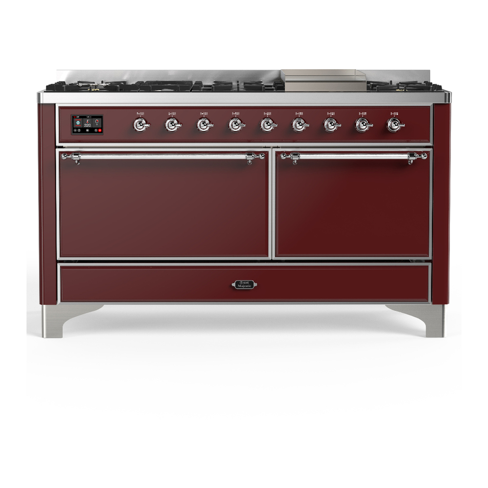ILVE UM60FQNR3BUCLP Majestic III 60 inch Dual Fuel Range with 9 Burners and Griddle, Dual Function Burner up to 25,000 BTU (Liquid Propane, Solid Door, Burgundy, Chrome) 1 UM60FQNR3BUCLP