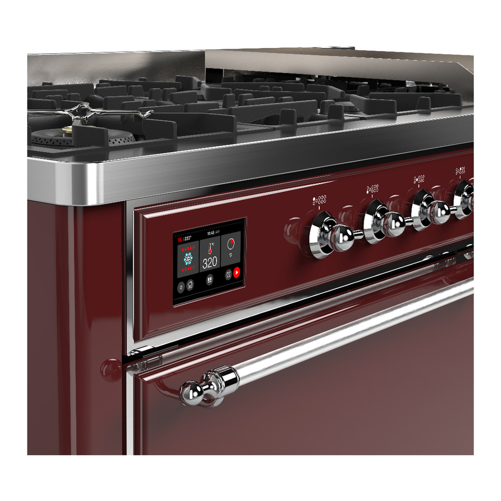 ILVE UM60FQNR3BUCLP Majestic III 60 inch Dual Fuel Range with 9 Burners and Griddle, Dual Function Burner up to 25,000 BTU (Liquid Propane, Solid Door, Burgundy, Chrome) 7 ILVE-UM60FQNR3BUCLP-Control Knobs View