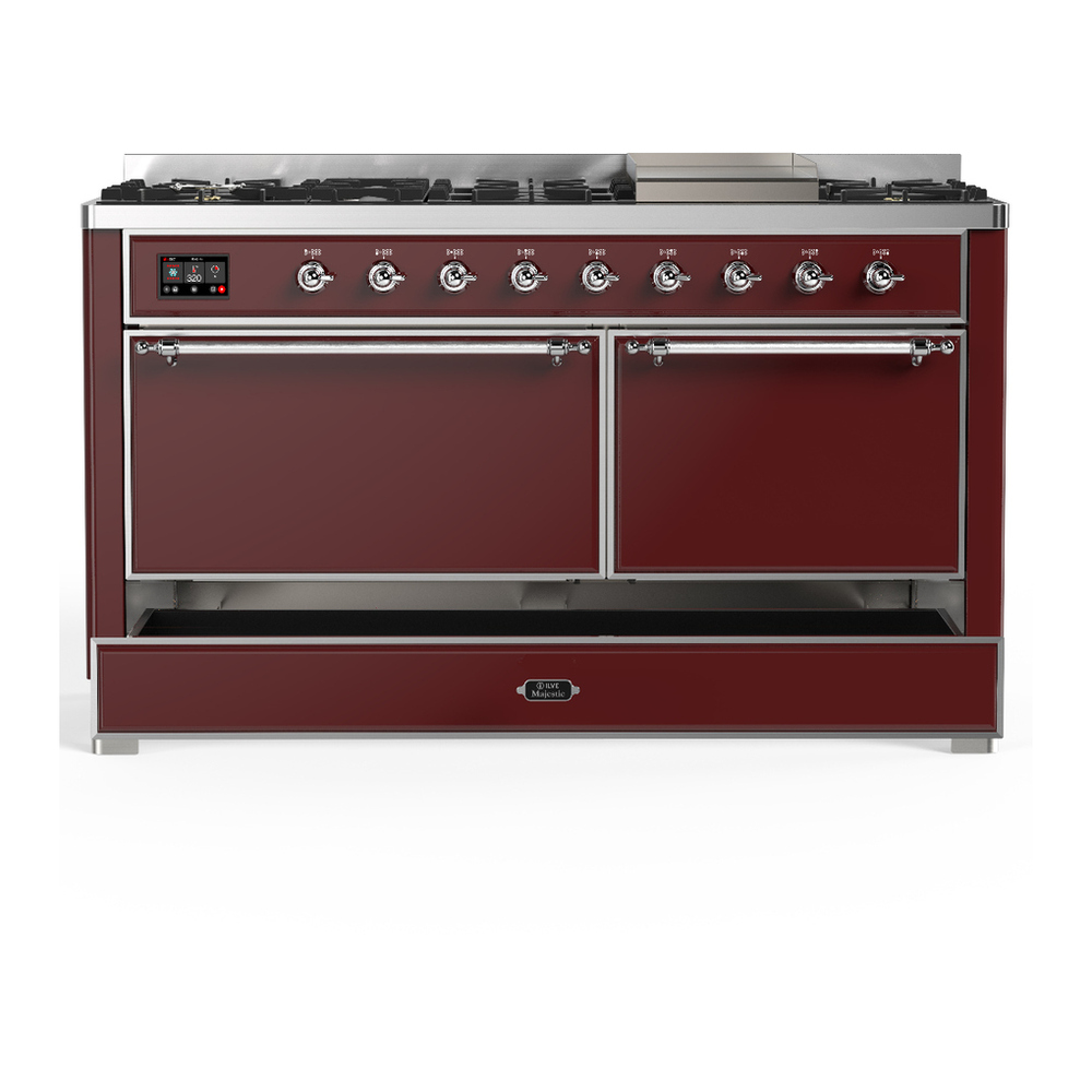 ILVE UM60FQNR3BUCLP Majestic III 60 inch Dual Fuel Range with 9 Burners and Griddle, Dual Function Burner up to 25,000 BTU (Liquid Propane, Solid Door, Burgundy, Chrome) 5 ILVE-UM60FQNR3BUCLP-Drawer Open View