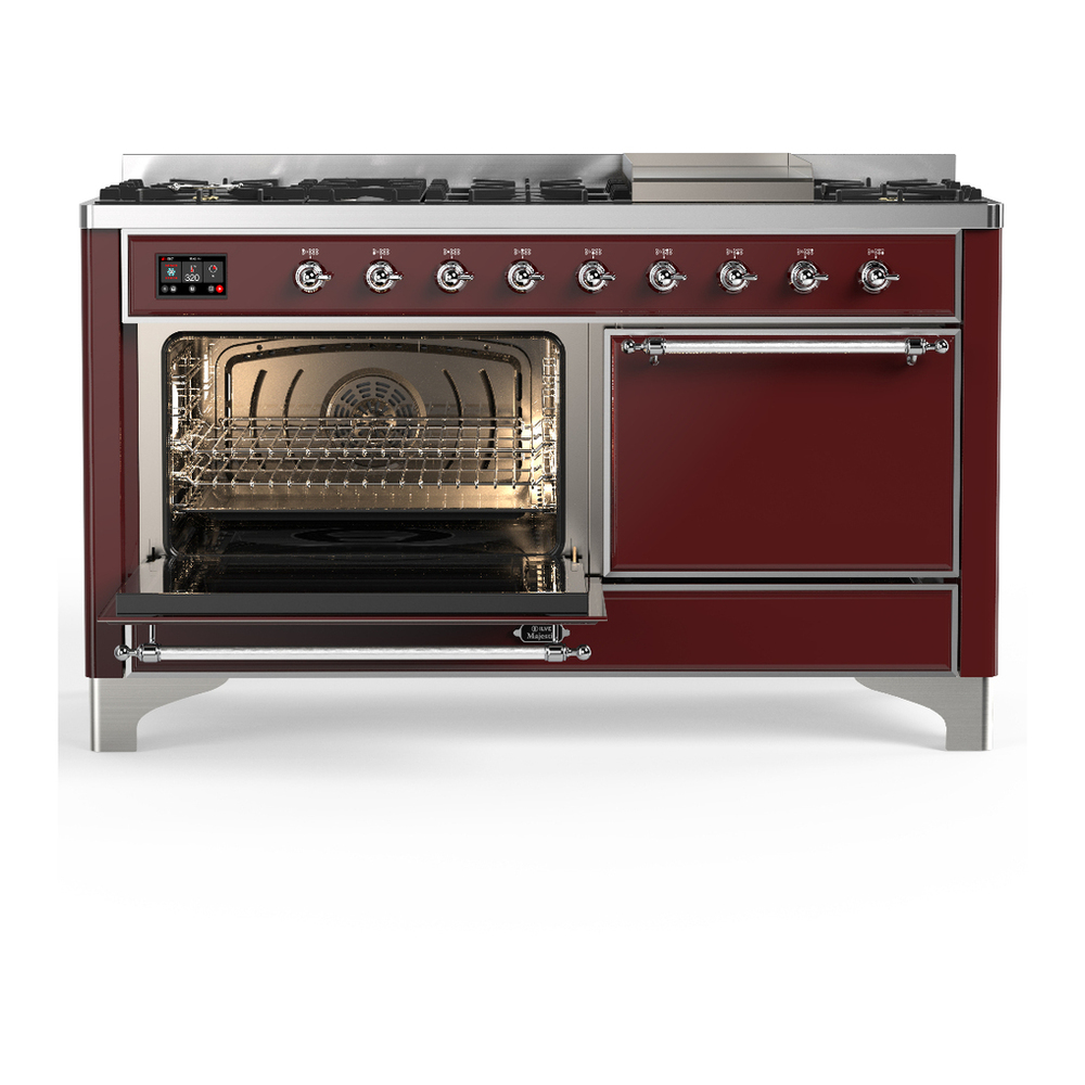 ILVE UM60FQNR3BUC Majestic III 60 inch Dual Fuel Range with 9 Burners and Griddle, Dual Function Burner up to 25,000 BTU (Natural Gas, Solid Door, Burgundy, Chrome) 3 ILVE-UM60FQNR3BUC-Primary Oven Open View