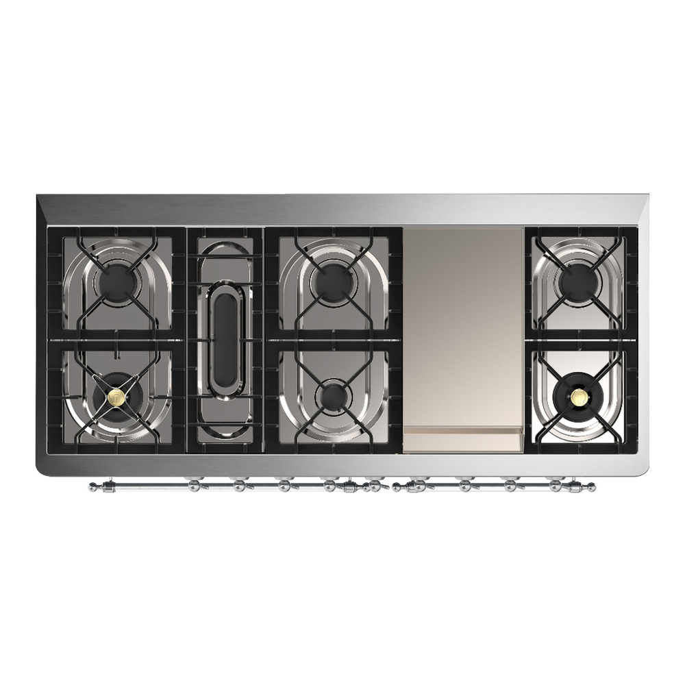 ILVE UM60FQNR3BUC Majestic III 60 inch Dual Fuel Range with 9 Burners and Griddle, Dual Function Burner up to 25,000 BTU (Natural Gas, Solid Door, Burgundy, Chrome) 6 ILVE-UM60FQNR3BUC-Top View