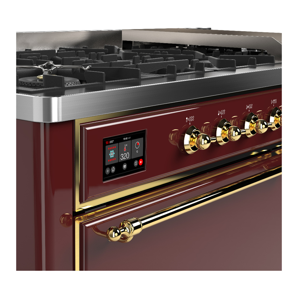 ILVE UM60FQNR3BUGLP Majestic III 60 inch Dual Fuel Range with 9 Burners and Griddle, Dual Function Burner up to 25,000 BTU (Liquid Propane, Solid Door, Burgundy, Brass) 7 ILVE-UM60FQNR3BUGLP-Control Knobs View
