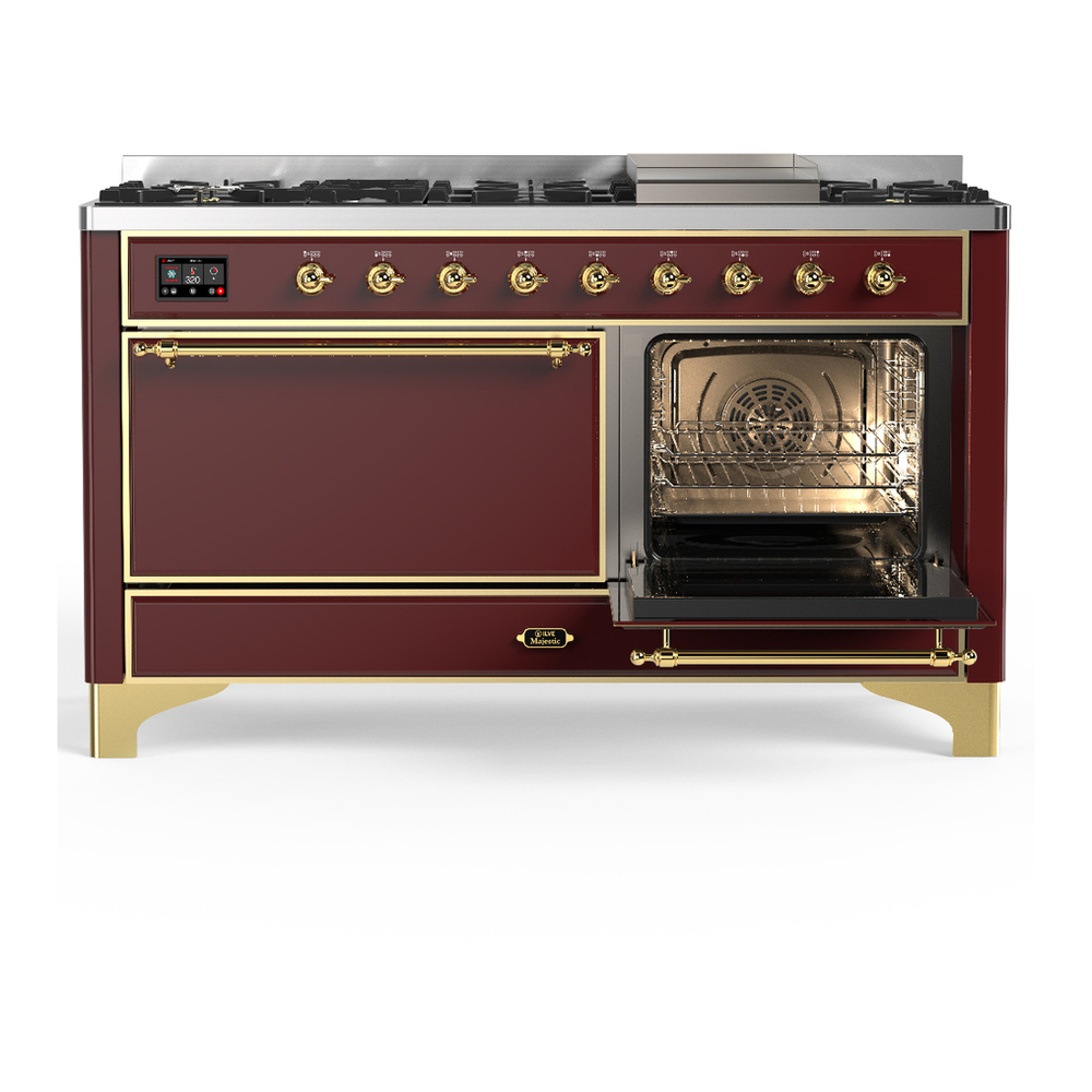 ILVE UM60FQNR3BUGLP Majestic III 60 inch Dual Fuel Range with 9 Burners and Griddle, Dual Function Burner up to 25,000 BTU (Liquid Propane, Solid Door, Burgundy, Brass) 4 ILVE-UM60FQNR3BUGLP-Secondary Oven Open View
