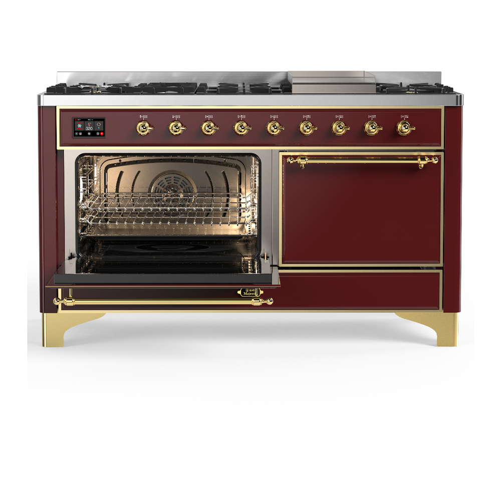 ILVE UM60FQNR3BUGLP Majestic III 60 inch Dual Fuel Range with 9 Burners and Griddle, Dual Function Burner up to 25,000 BTU (Liquid Propane, Solid Door, Burgundy, Brass) 3 ILVE-UM60FQNR3BUGLP-Primary Oven Open View