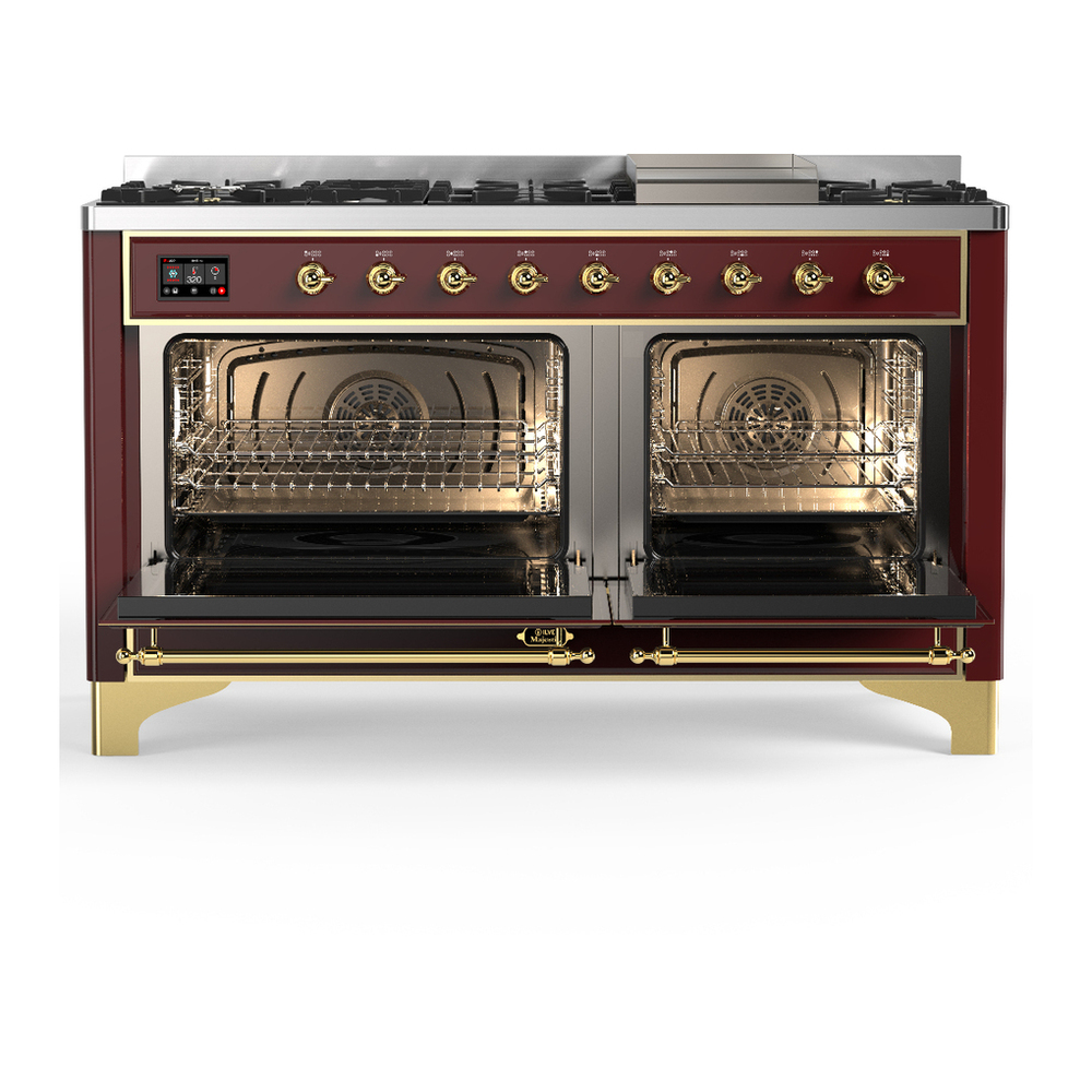 ILVE UM60FQNR3BUG Majestic III 60 inch Dual Fuel Range with 9 Burners and Griddle, Dual Function Burner up to 25,000 BTU (Natural Gas, Solid Door, Burgundy, Brass) 2 ILVE-UM60FQNR3BUG-Double Oven Open View