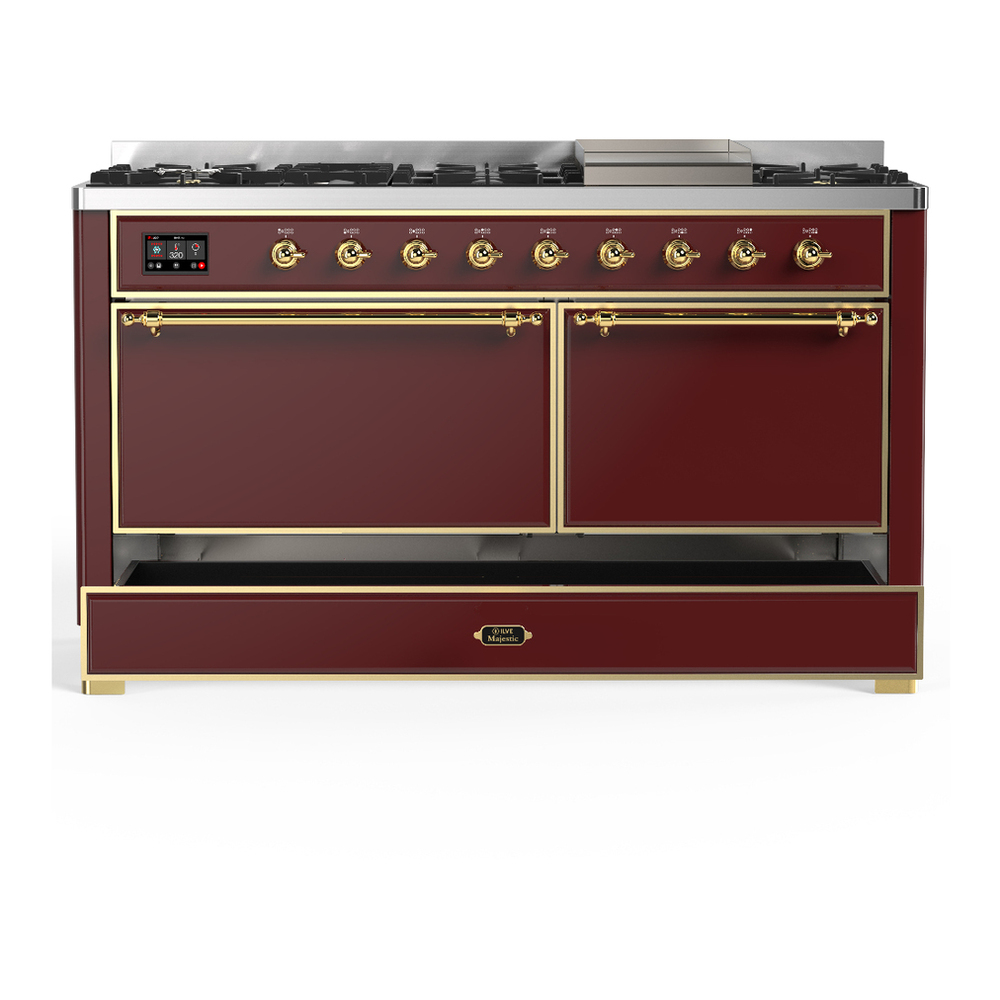 ILVE UM60FQNR3BUG Majestic III 60 inch Dual Fuel Range with 9 Burners and Griddle, Dual Function Burner up to 25,000 BTU (Natural Gas, Solid Door, Burgundy, Brass) 5 ILVE-UM60FQNR3BUG-Drawer Open View
