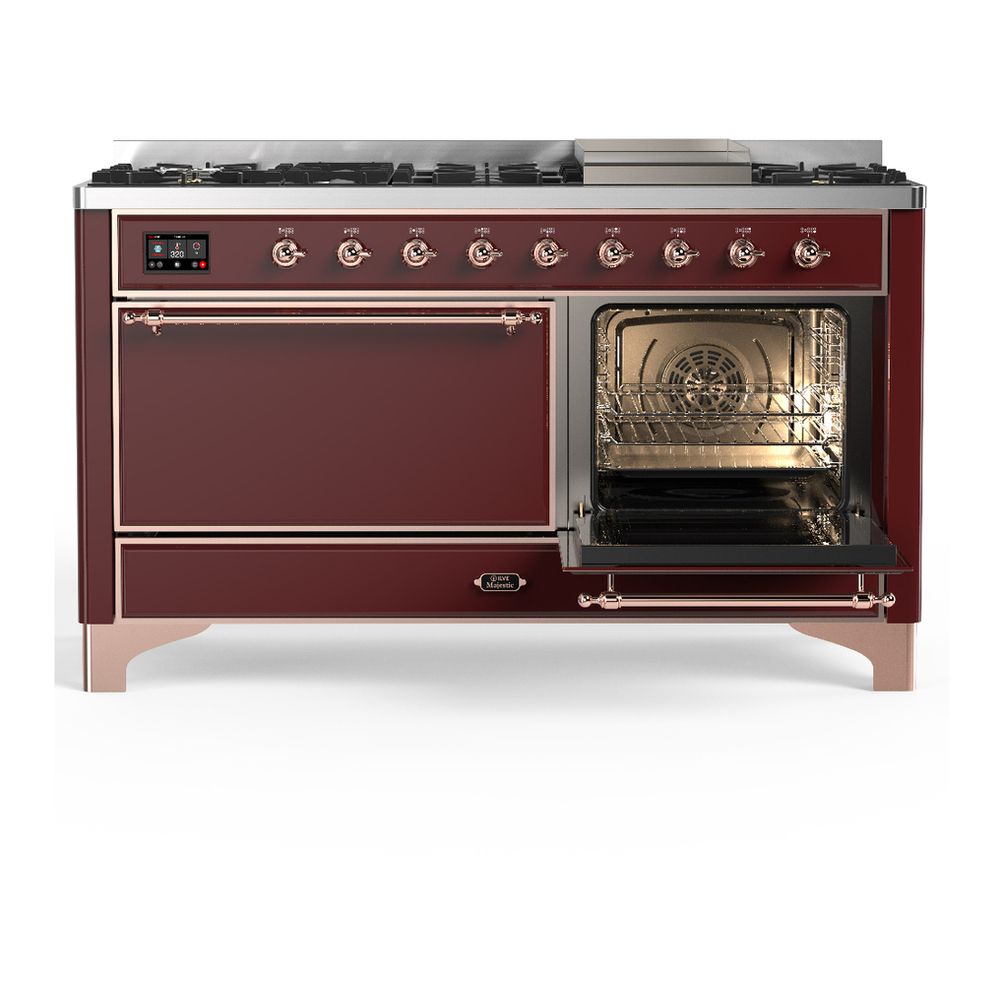 ILVE UM60FQNR3BUPLP Majestic III 60 inch Dual Fuel Range with 9 Burners and Griddle, Dual Function Burner up to 25,000 BTU (Liquid Propane, Solid Door, Burgundy, Copper) 4 ILVE-UM60FQNR3BUPLP-Secondary Oven Open View