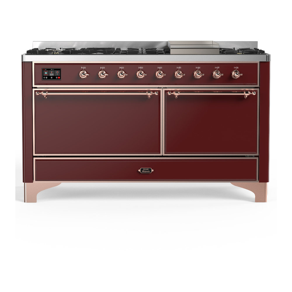 ILVE UM60FQNR3BUP Majestic III 60 inch Dual Fuel Range with 9 Burners and Griddle, Dual Function Burner up to 25,000 BTU (Natural Gas, Solid Door, Burgundy, Copper) 1 UM60FQNR3BUP
