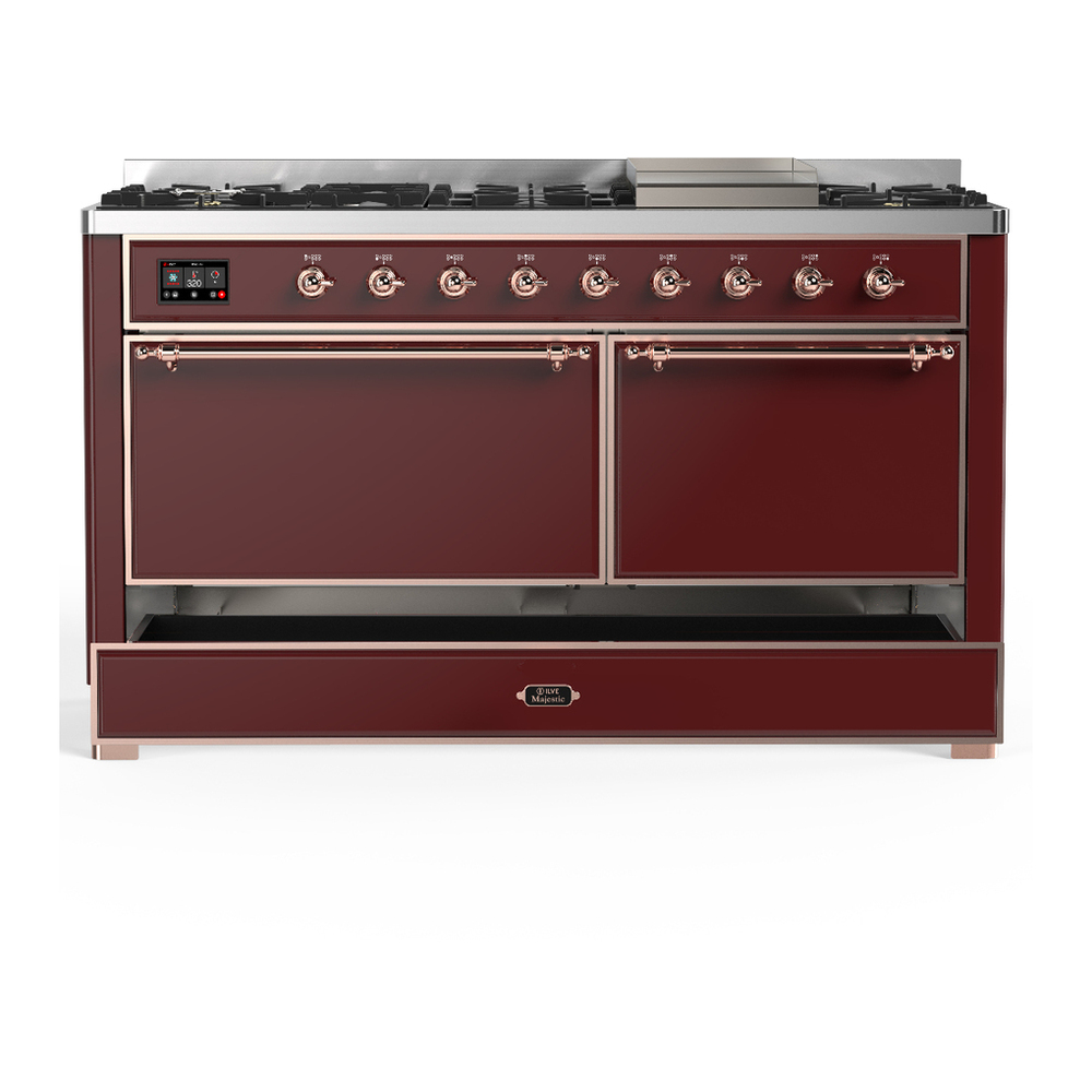 ILVE UM60FQNR3BUP Majestic III 60 inch Dual Fuel Range with 9 Burners and Griddle, Dual Function Burner up to 25,000 BTU (Natural Gas, Solid Door, Burgundy, Copper) 5 ILVE-UM60FQNR3BUP-Drawer Open View