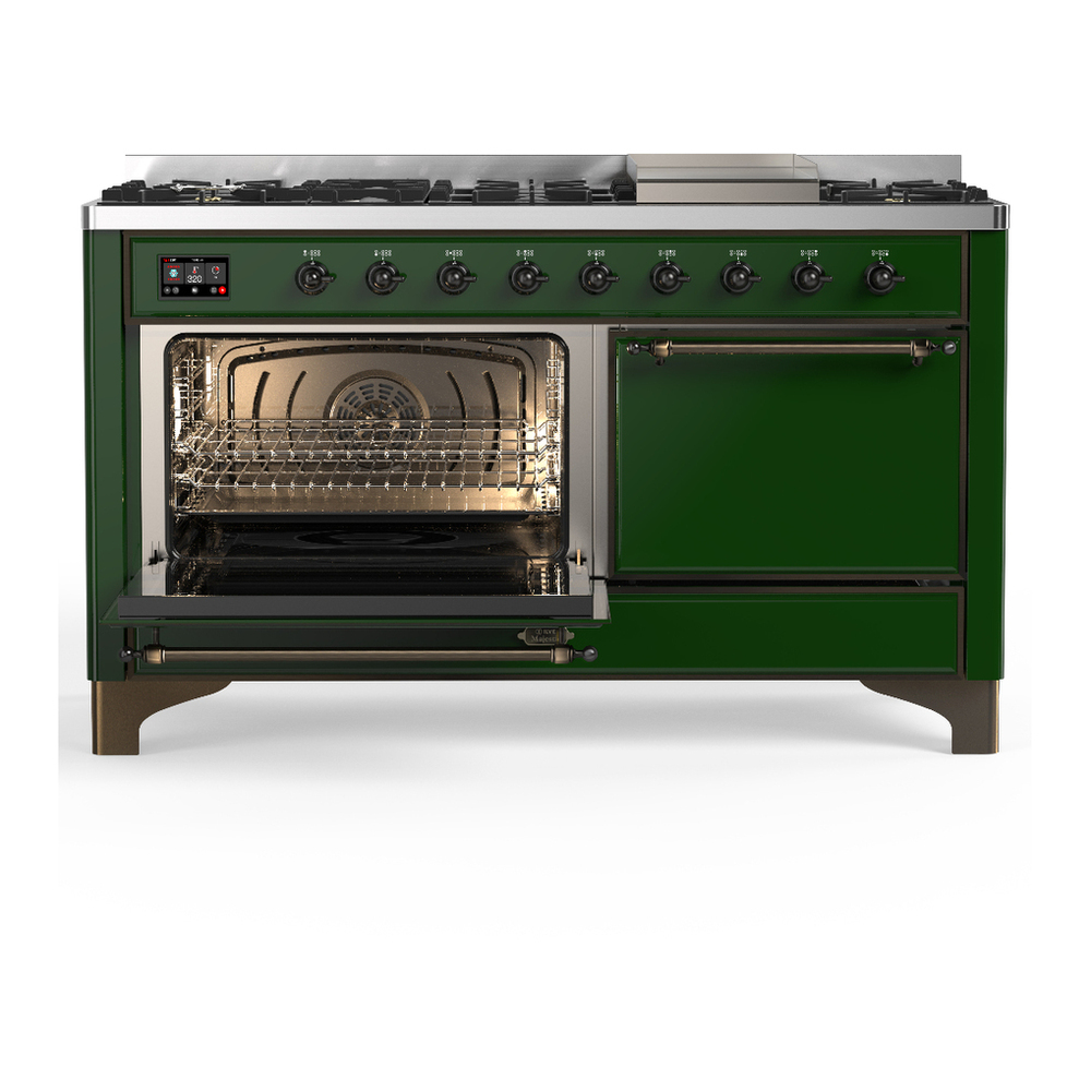 ILVE UM60FQNR3EGBLP Majestic III 60 inch Dual Fuel Range with 9 Burners and Griddle, Dual Function Burner up to 25,000 BTU (Liquid Propane, Solid Door, Emerald Green, Burnished) 3 ILVE-UM60FQNR3EGBLP-Primary Oven Open View