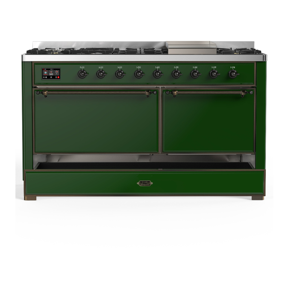 ILVE UM60FQNR3EGBLP Majestic III 60 inch Dual Fuel Range with 9 Burners and Griddle, Dual Function Burner up to 25,000 BTU (Liquid Propane, Solid Door, Emerald Green, Burnished) 5 ILVE-UM60FQNR3EGBLP-Drawer Open View