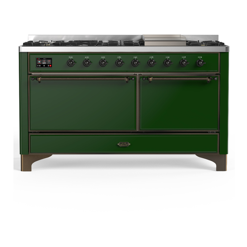 ILVE UM60FQNR3EGB Majestic III 60 inch Dual Fuel Range with 9 Burners and Griddle, Dual Function Burner up to 25,000 BTU (Natural Gas, Solid Door, Emerald Green, Burnished) 1 UM60FQNR3EGB