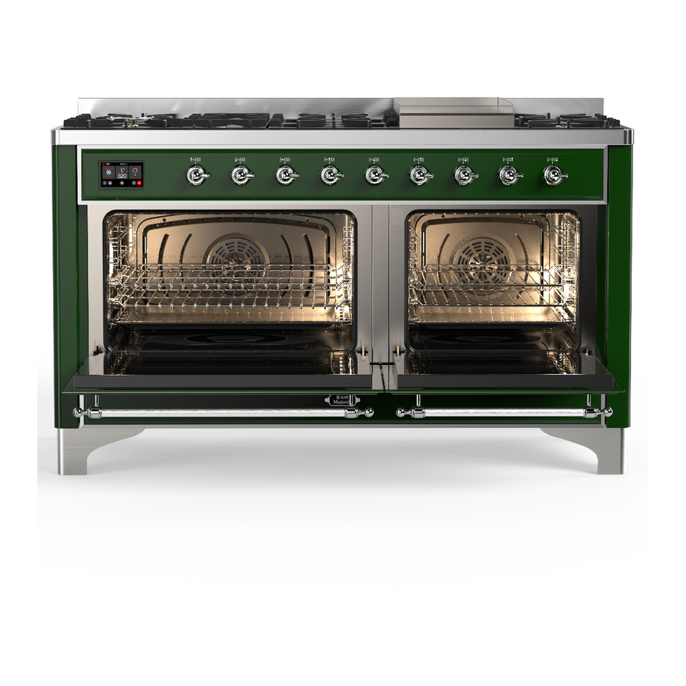ILVE UM60FQNR3EGC Majestic III 60 inch Dual Fuel Range with 9 Burners and Griddle, Dual Function Burner up to 25,000 BTU (Natural Gas, Solid Door, Emerald Green, Chrome) 2 ILVE-UM60FQNR3EGC-Double Oven Open View