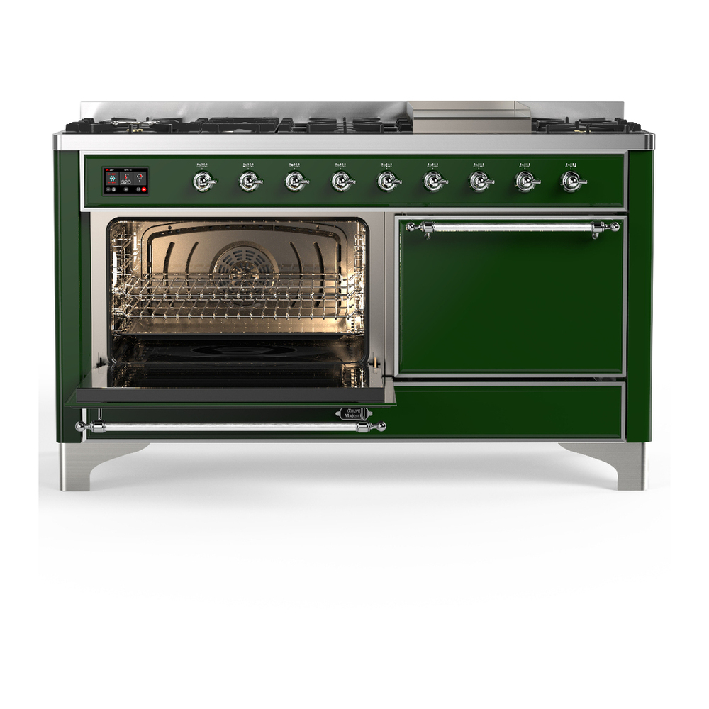 ILVE UM60FQNR3EGC Majestic III 60 inch Dual Fuel Range with 9 Burners and Griddle, Dual Function Burner up to 25,000 BTU (Natural Gas, Solid Door, Emerald Green, Chrome) 3 ILVE-UM60FQNR3EGC-Primary Oven Open View