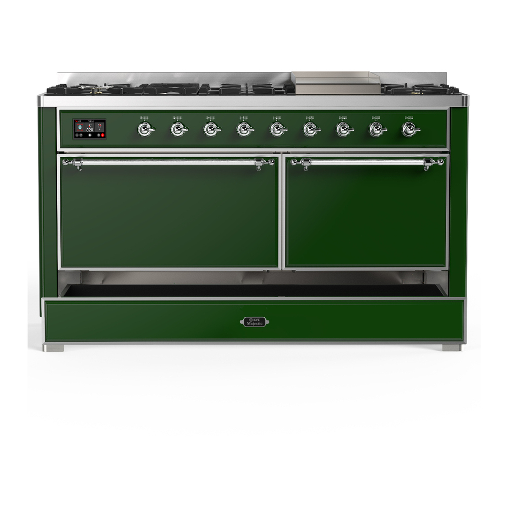 ILVE UM60FQNR3EGC Majestic III 60 inch Dual Fuel Range with 9 Burners and Griddle, Dual Function Burner up to 25,000 BTU (Natural Gas, Solid Door, Emerald Green, Chrome) 5 ILVE-UM60FQNR3EGC-Drawer Open View