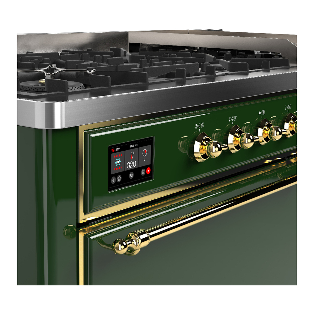 ILVE UM60FQNR3EGGLP Majestic III 60 inch Dual Fuel Range with 9 Burners and Griddle, Dual Function Burner up to 25,000 BTU (Liquid Propane, Solid Door, Emerald Green, Brass) 7 ILVE-UM60FQNR3EGGLP-Control Knobs View