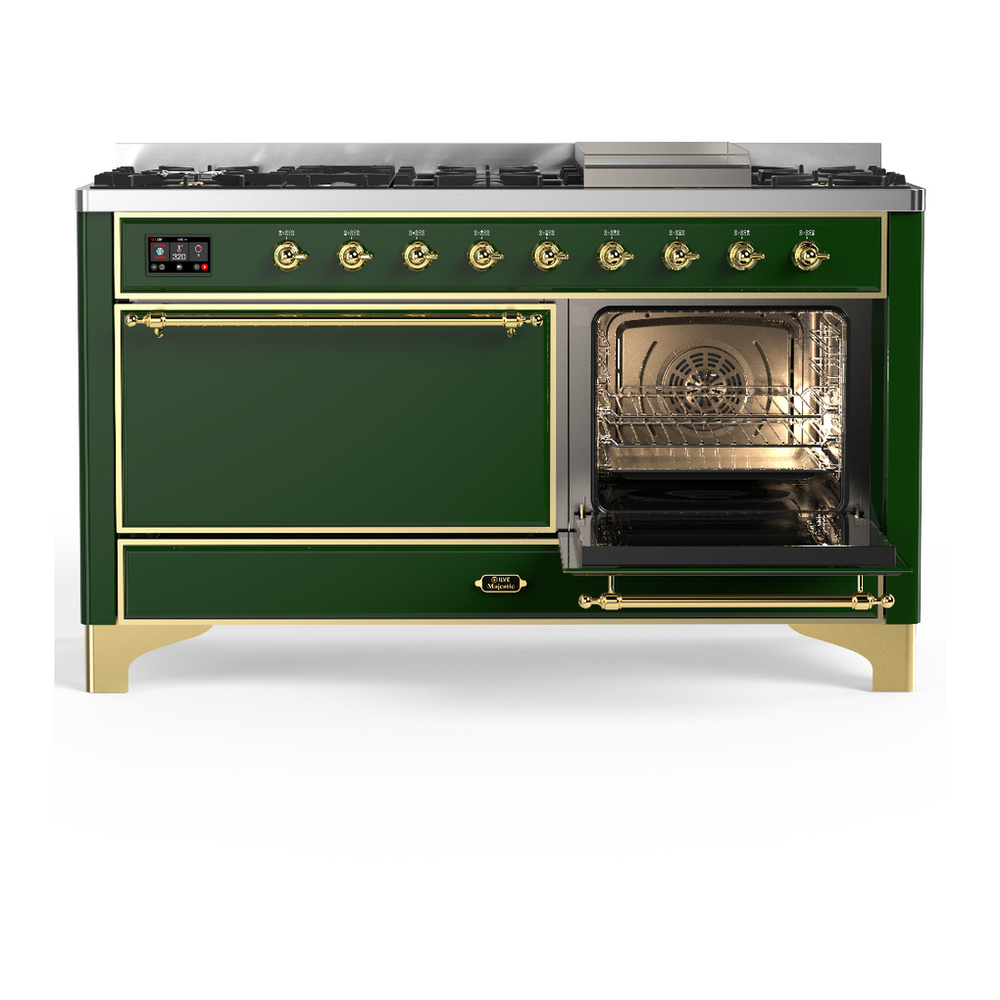 ILVE UM60FQNR3EGGLP Majestic III 60 inch Dual Fuel Range with 9 Burners and Griddle, Dual Function Burner up to 25,000 BTU (Liquid Propane, Solid Door, Emerald Green, Brass) 4 ILVE-UM60FQNR3EGGLP-Secondary Oven Open View