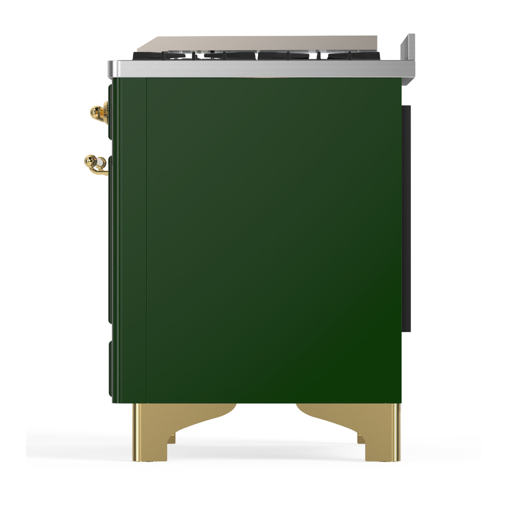 ILVE UM60FQNR3EGGLP Majestic III 60 inch Dual Fuel Range with 9 Burners and Griddle, Dual Function Burner up to 25,000 BTU (Liquid Propane, Solid Door, Emerald Green, Brass) 9 ILVE-UM60FQNR3EGGLP-Left Side View