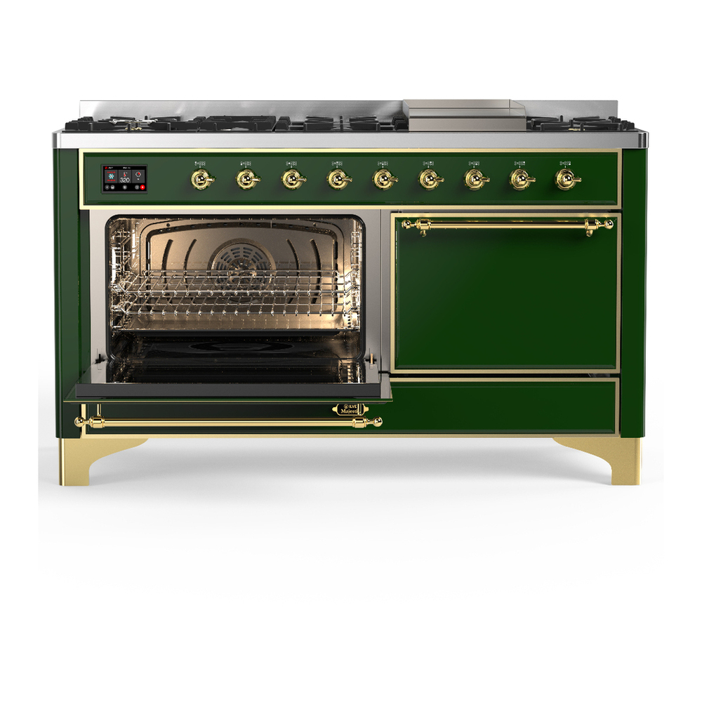 ILVE UM60FQNR3EGG Majestic III 60 inch Dual Fuel Range with 9 Burners and Griddle, Dual Function Burner up to 25,000 BTU (Natural Gas, Solid Door, Emerald Green, Brass) 3 ILVE-UM60FQNR3EGG-Primary Oven Open View
