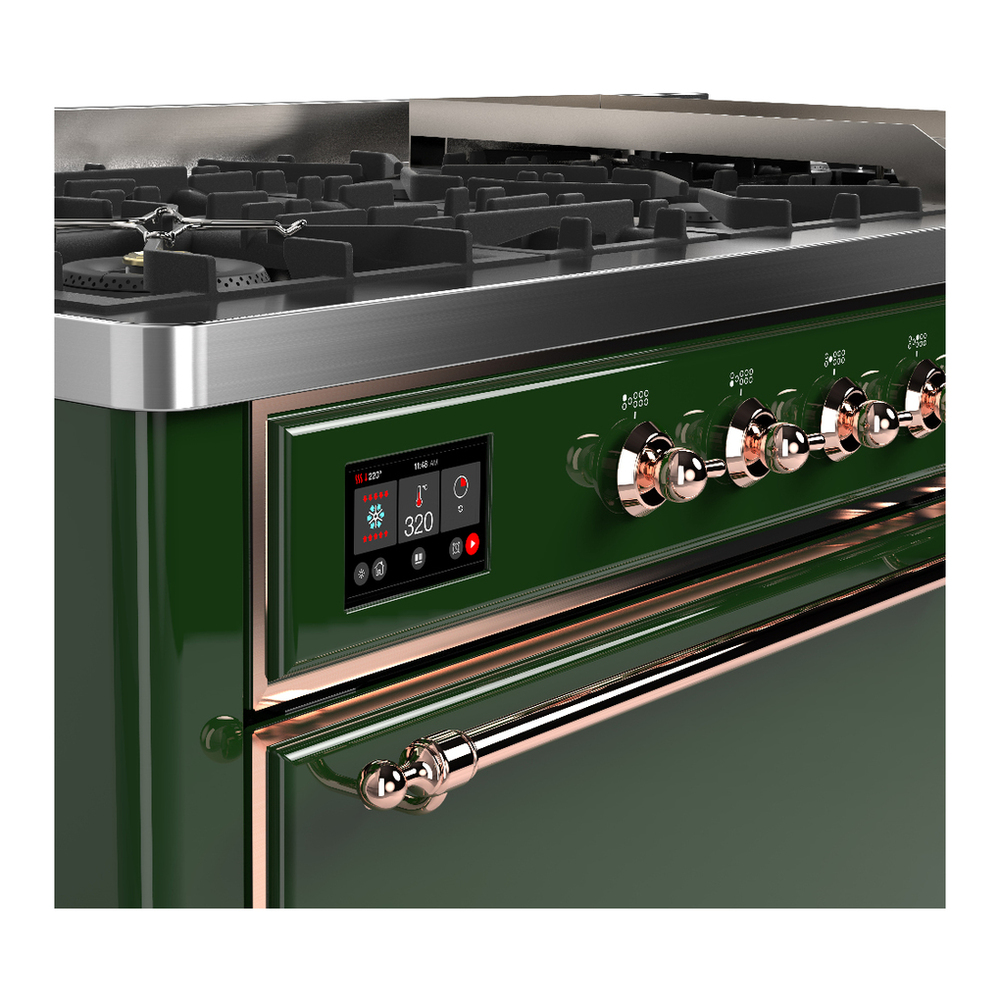 ILVE UM60FQNR3EGPLP Majestic III 60 inch Dual Fuel Range with 9 Burners and Griddle, Dual Function Burner up to 25,000 BTU (Liquid Propane, Solid Door, Emerald Green, Copper) 7 ILVE-UM60FQNR3EGPLP-Control Knobs View