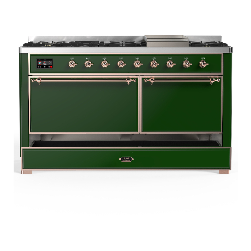 ILVE UM60FQNR3EGPLP Majestic III 60 inch Dual Fuel Range with 9 Burners and Griddle, Dual Function Burner up to 25,000 BTU (Liquid Propane, Solid Door, Emerald Green, Copper) 5 ILVE-UM60FQNR3EGPLP-Drawer Open View