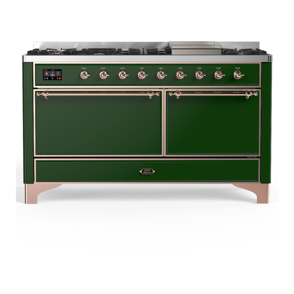 ILVE UM60FQNR3EGP Majestic III 60 inch Dual Fuel Range with 9 Burners and Griddle, Dual Function Burner up to 25,000 BTU (Natural Gas, Solid Door, Emerald Green, Copper) 1 UM60FQNR3EGP