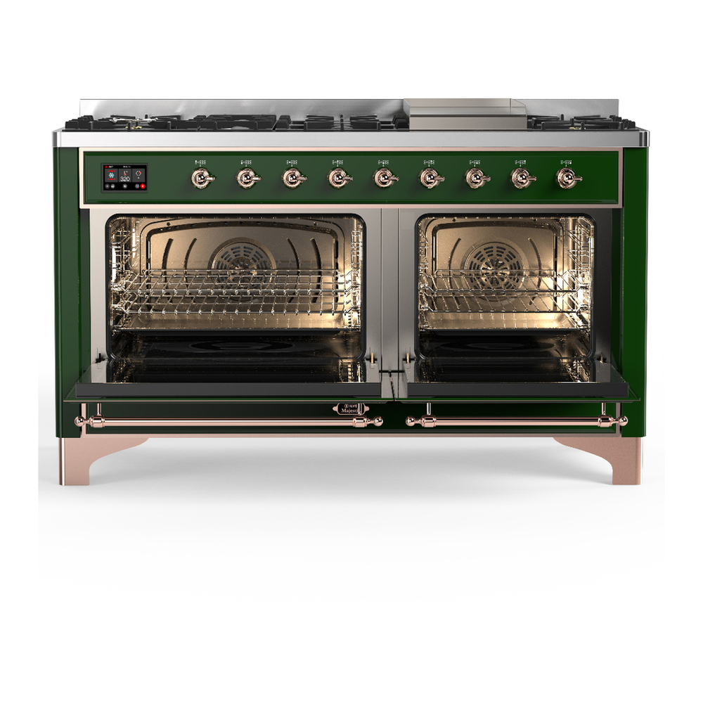 ILVE UM60FQNR3EGP Majestic III 60 inch Dual Fuel Range with 9 Burners and Griddle, Dual Function Burner up to 25,000 BTU (Natural Gas, Solid Door, Emerald Green, Copper) 2 ILVE-UM60FQNR3EGP-Double Oven Open View