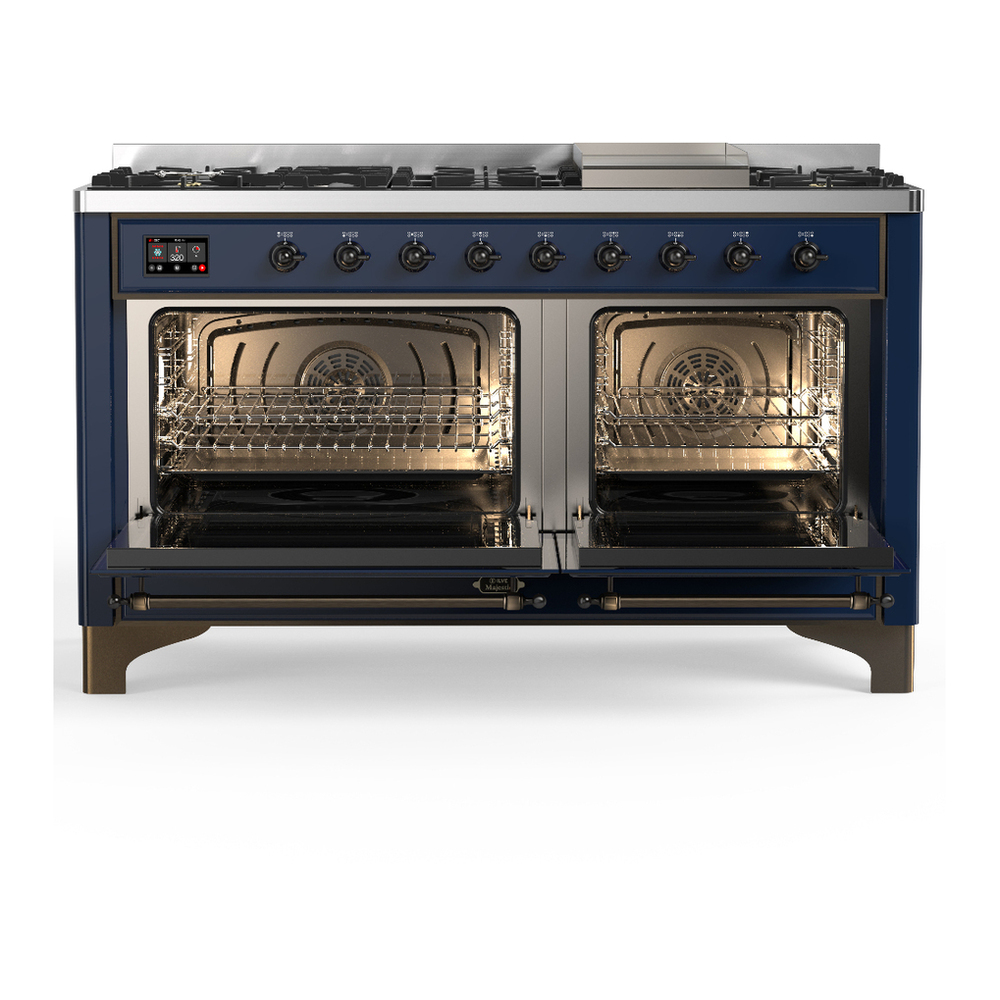 ILVE UM60FQNR3MBBLP Majestic III 60 inch Dual Fuel Range with 9 Burners and Griddle, Dual Function Burner up to 25,000 BTU (Liquid Propane, Solid Door, Midnight Blue, Burnished) 2 ILVE-UM60FQNR3MBBLP-Double Oven Open View