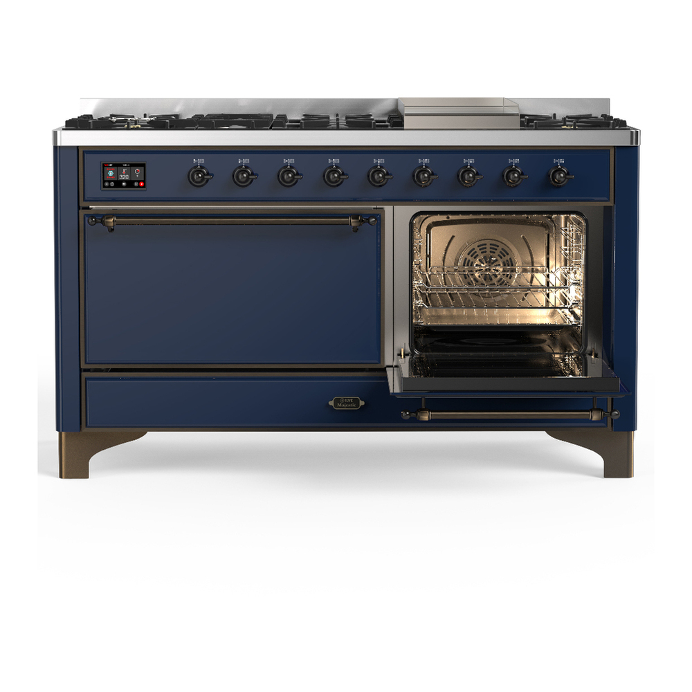 ILVE UM60FQNR3MBBLP Majestic III 60 inch Dual Fuel Range with 9 Burners and Griddle, Dual Function Burner up to 25,000 BTU (Liquid Propane, Solid Door, Midnight Blue, Burnished) 4 ILVE-UM60FQNR3MBBLP-Secondary Oven Open View