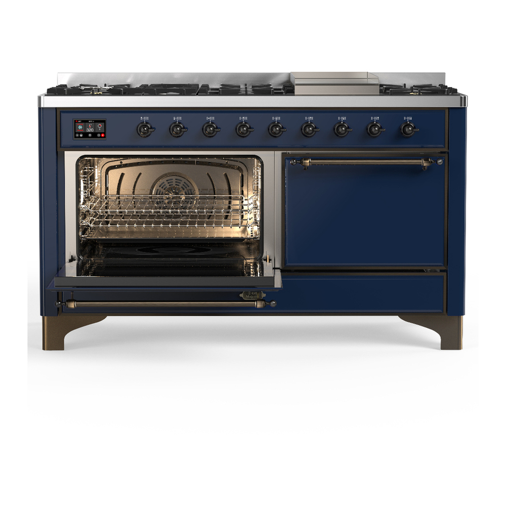 ILVE UM60FQNR3MBBLP Majestic III 60 inch Dual Fuel Range with 9 Burners and Griddle, Dual Function Burner up to 25,000 BTU (Liquid Propane, Solid Door, Midnight Blue, Burnished) 3 ILVE-UM60FQNR3MBBLP-Primary Oven Open View