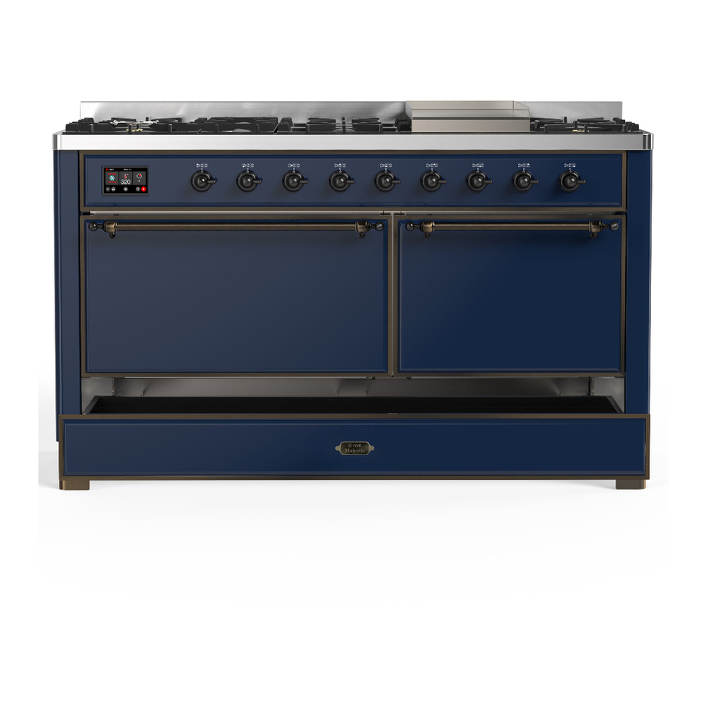 ILVE UM60FQNR3MBBLP Majestic III 60 inch Dual Fuel Range with 9 Burners and Griddle, Dual Function Burner up to 25,000 BTU (Liquid Propane, Solid Door, Midnight Blue, Burnished) 5 ILVE-UM60FQNR3MBBLP-Drawer Open View