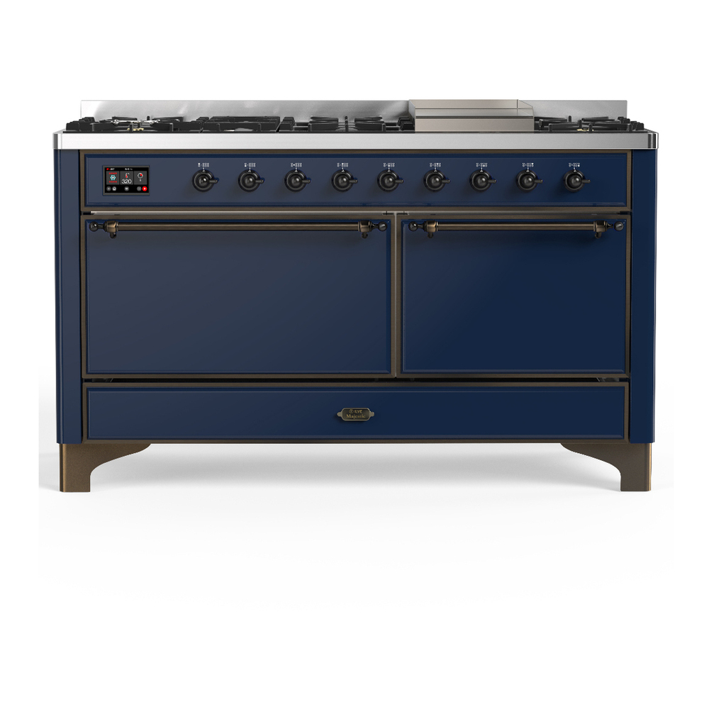 ILVE UM60FQNR3MBB Majestic III 60 inch Dual Fuel Range with 9 Burners and Griddle, Dual Function Burner up to 25,000 BTU (Natural Gas, Solid Door, Midnight Blue, Burnished) 1 UM60FQNR3MBB