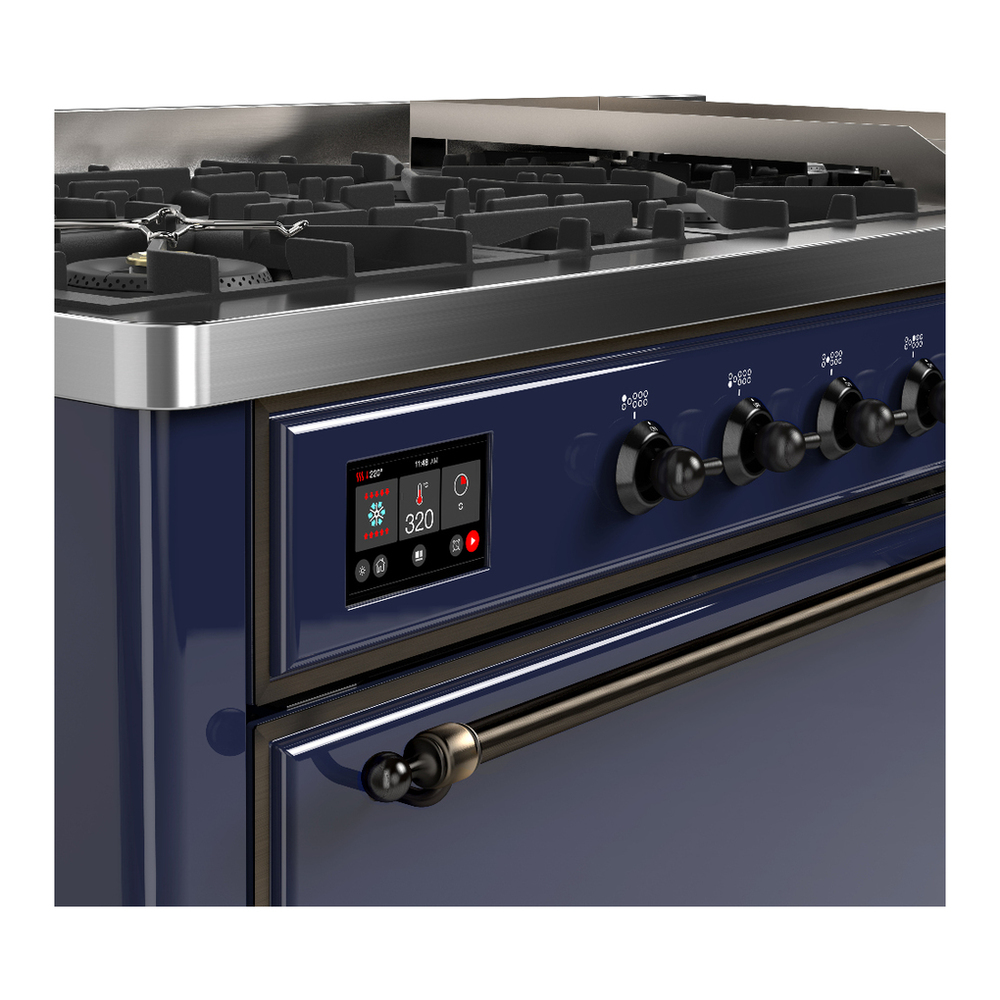 ILVE UM60FQNR3MBB Majestic III 60 inch Dual Fuel Range with 9 Burners and Griddle, Dual Function Burner up to 25,000 BTU (Natural Gas, Solid Door, Midnight Blue, Burnished) 7 ILVE-UM60FQNR3MBB-Control Knobs View