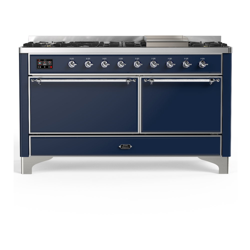 ILVE UM60FQNR3MBCLP Majestic III 60 inch Dual Fuel Range with 9 Burners and Griddle, Dual Function Burner up to 25,000 BTU (Liquid Propane, Solid Door, Midnight Blue, Chrome) 1 UM60FQNR3MBCLP