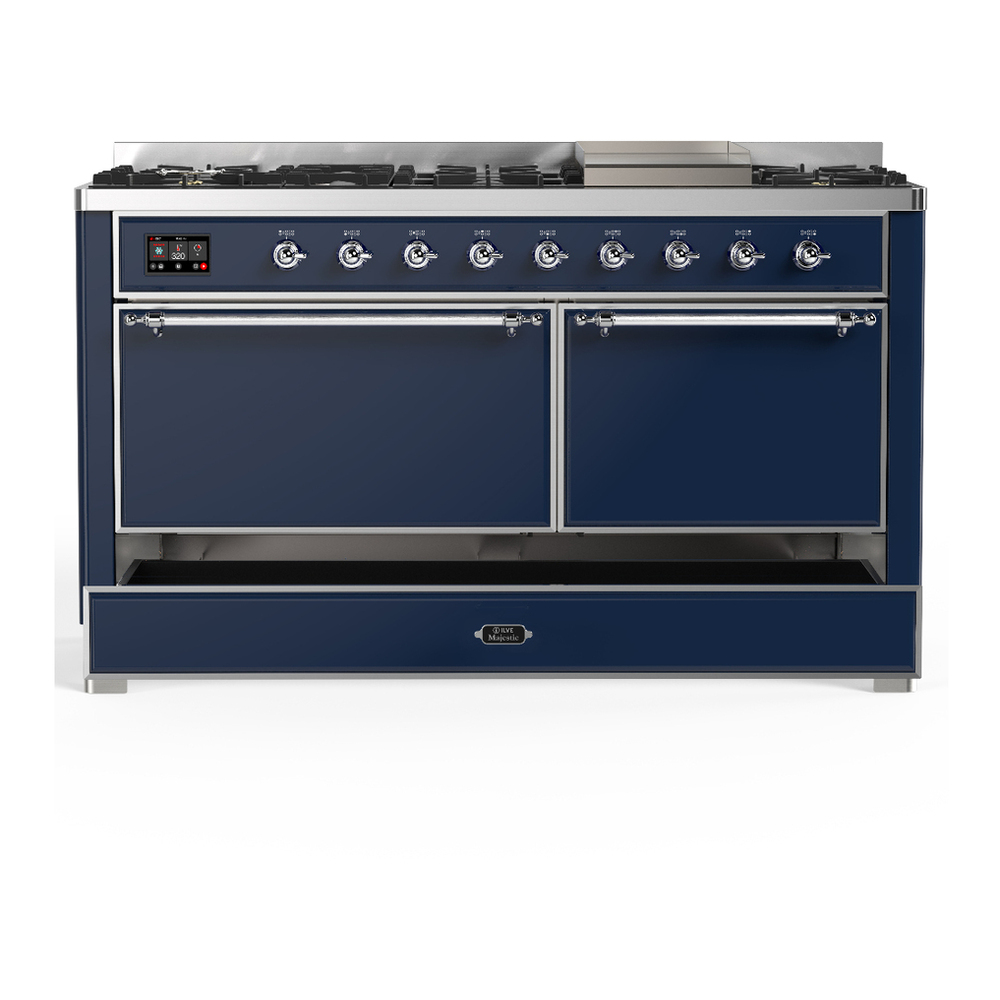 ILVE UM60FQNR3MBCLP Majestic III 60 inch Dual Fuel Range with 9 Burners and Griddle, Dual Function Burner up to 25,000 BTU (Liquid Propane, Solid Door, Midnight Blue, Chrome) 5 ILVE-UM60FQNR3MBCLP-Drawer Open View