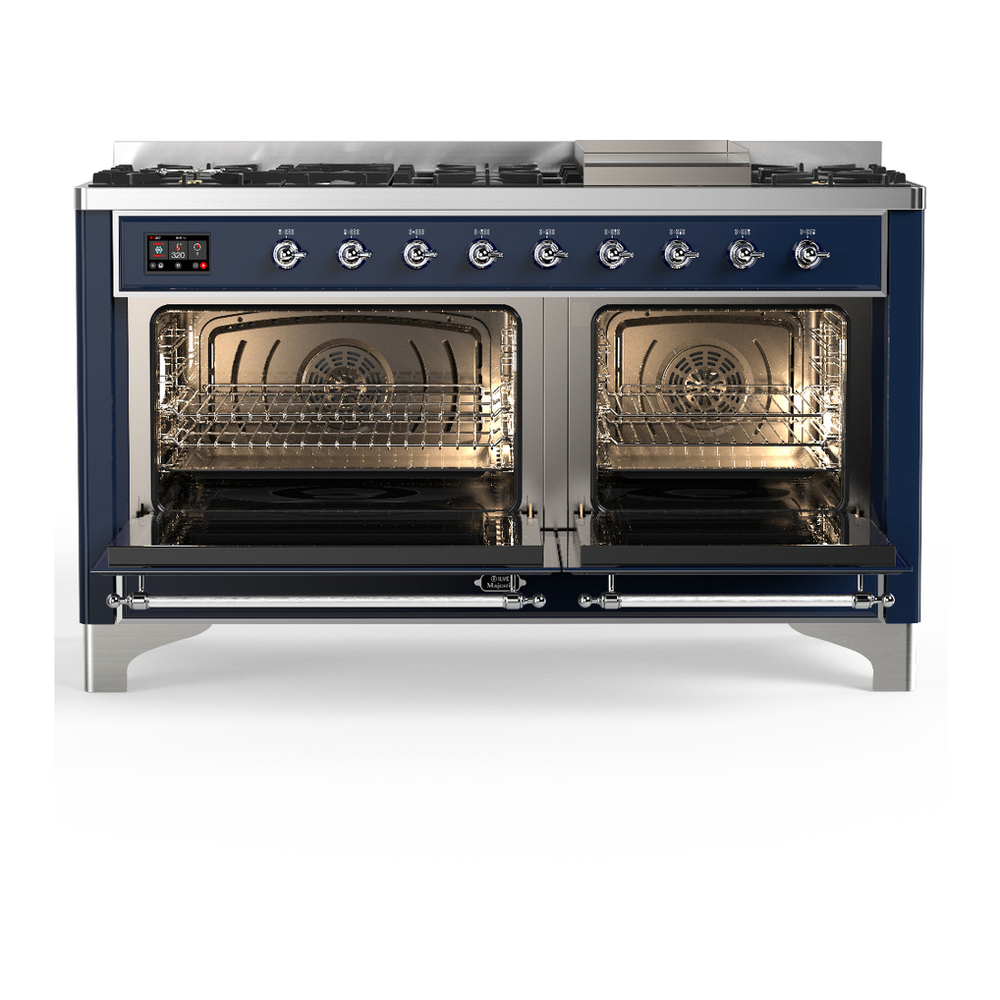 ILVE UM60FQNR3MBC Majestic III 60 inch Dual Fuel Range with 9 Burners and Griddle, Dual Function Burner up to 25,000 BTU (Natural Gas, Solid Door, Midnight Blue, Chrome) 2 ILVE-UM60FQNR3MBC-Double Oven Open View