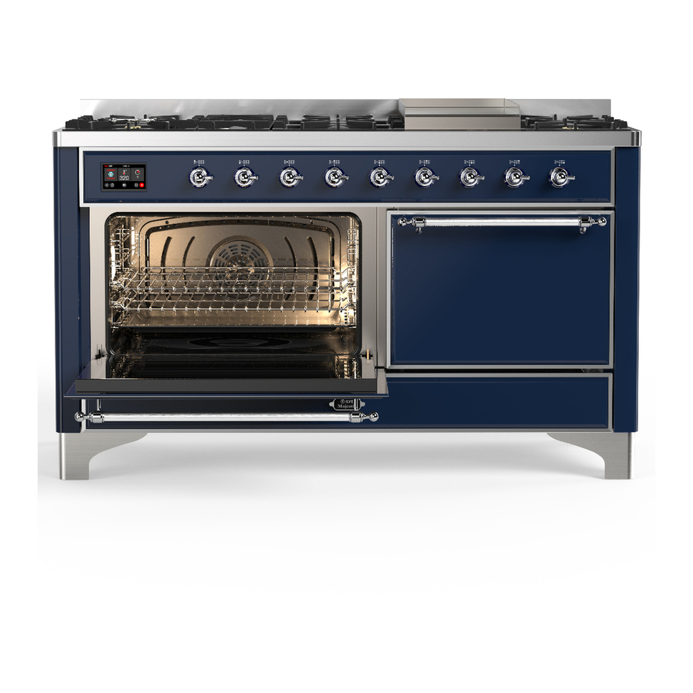 ILVE UM60FQNR3MBC Majestic III 60 inch Dual Fuel Range with 9 Burners and Griddle, Dual Function Burner up to 25,000 BTU (Natural Gas, Solid Door, Midnight Blue, Chrome) 3 ILVE-UM60FQNR3MBC-Primary Oven Open View