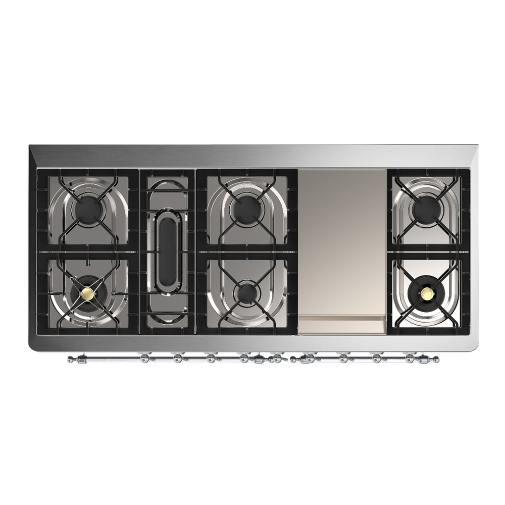 ILVE UM60FQNR3MBC Majestic III 60 inch Dual Fuel Range with 9 Burners and Griddle, Dual Function Burner up to 25,000 BTU (Natural Gas, Solid Door, Midnight Blue, Chrome) 6 ILVE-UM60FQNR3MBC-Top View