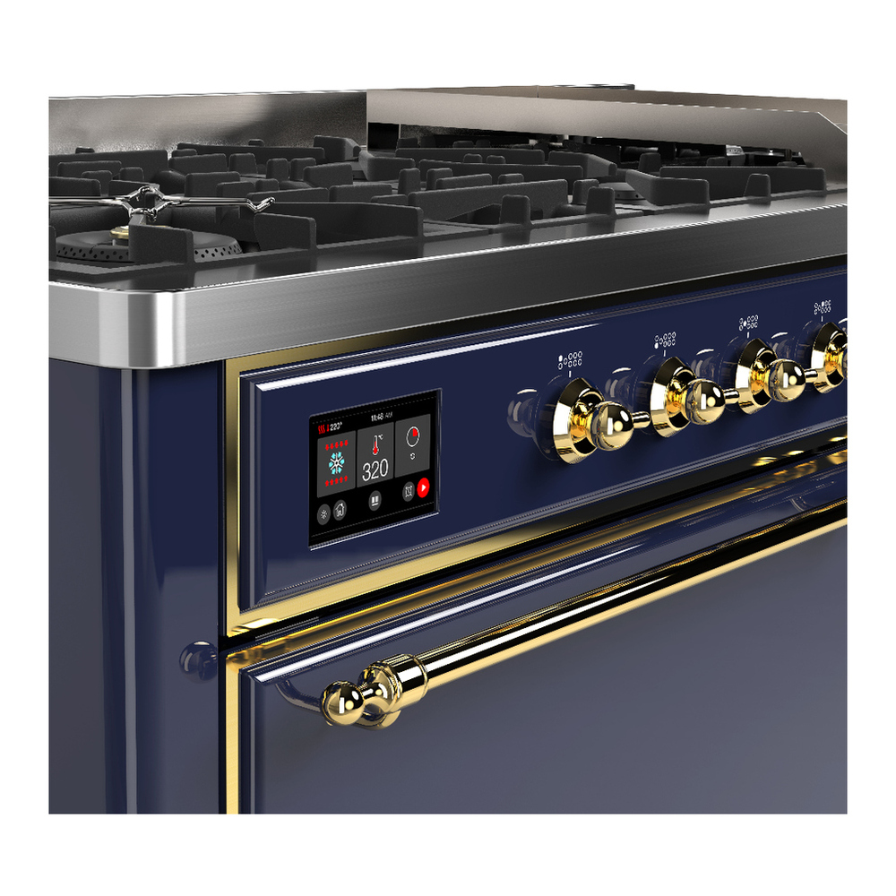 ILVE UM60FQNR3MBGLP Majestic III 60 inch Dual Fuel Range with 9 Burners and Griddle, Dual Function Burner up to 25,000 BTU (Liquid Propane, Solid Door, Midnight Blue, Brass) 7 ILVE-UM60FQNR3MBGLP-Control Knobs View