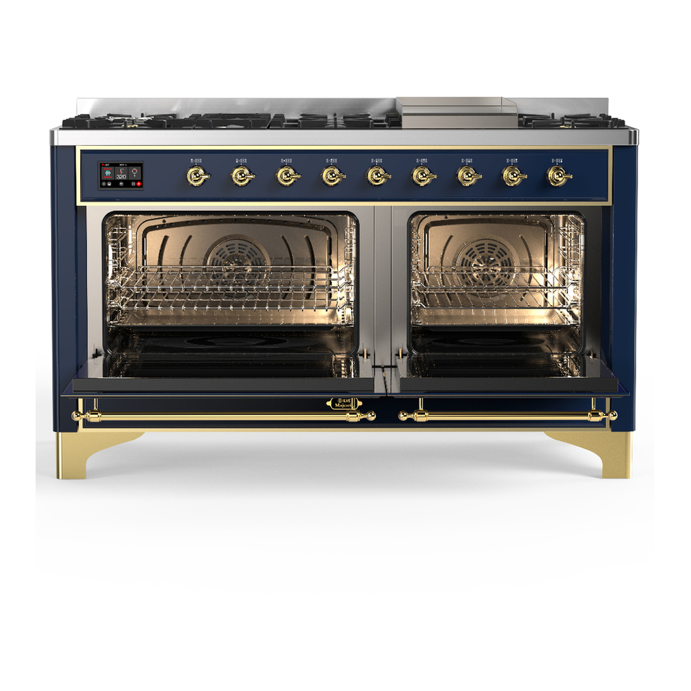 ILVE UM60FQNR3MBGLP Majestic III 60 inch Dual Fuel Range with 9 Burners and Griddle, Dual Function Burner up to 25,000 BTU (Liquid Propane, Solid Door, Midnight Blue, Brass) 2 ILVE-UM60FQNR3MBGLP-Double Oven Open View