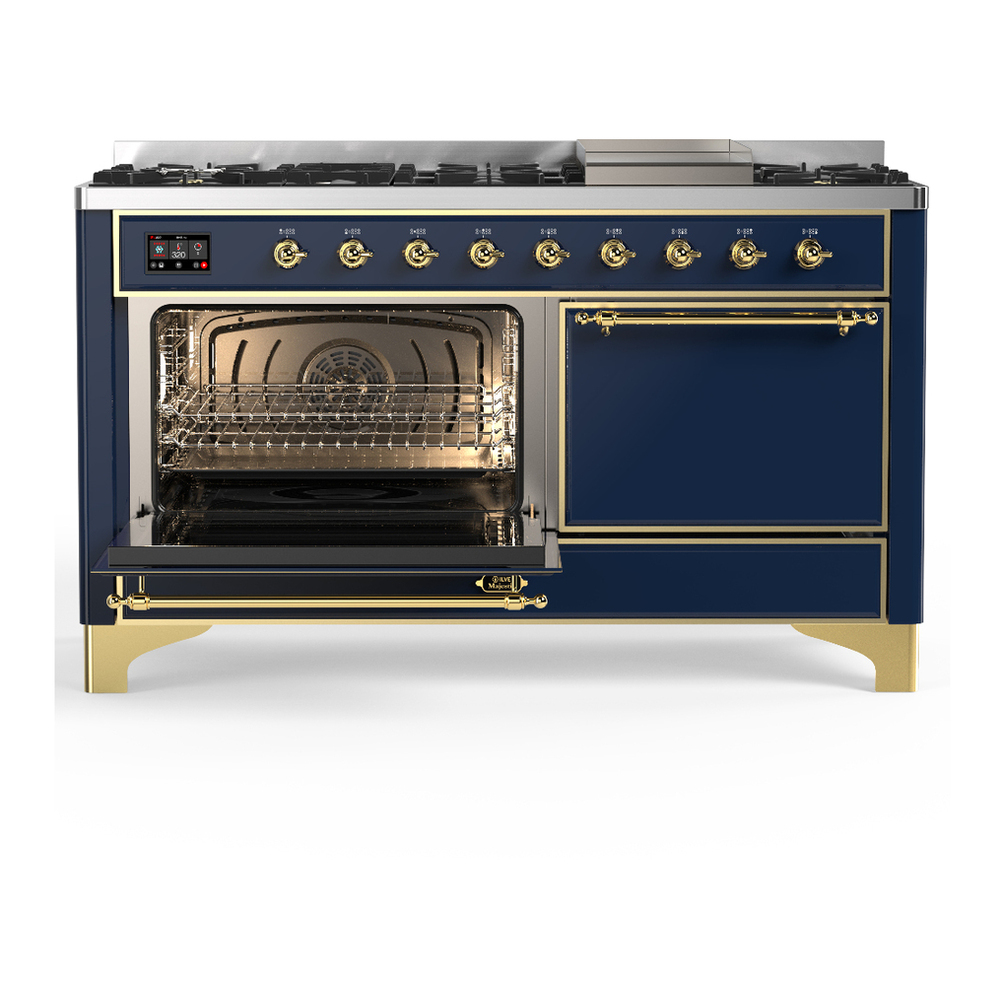ILVE UM60FQNR3MBGLP Majestic III 60 inch Dual Fuel Range with 9 Burners and Griddle, Dual Function Burner up to 25,000 BTU (Liquid Propane, Solid Door, Midnight Blue, Brass) 3 ILVE-UM60FQNR3MBGLP-Primary Oven Open View